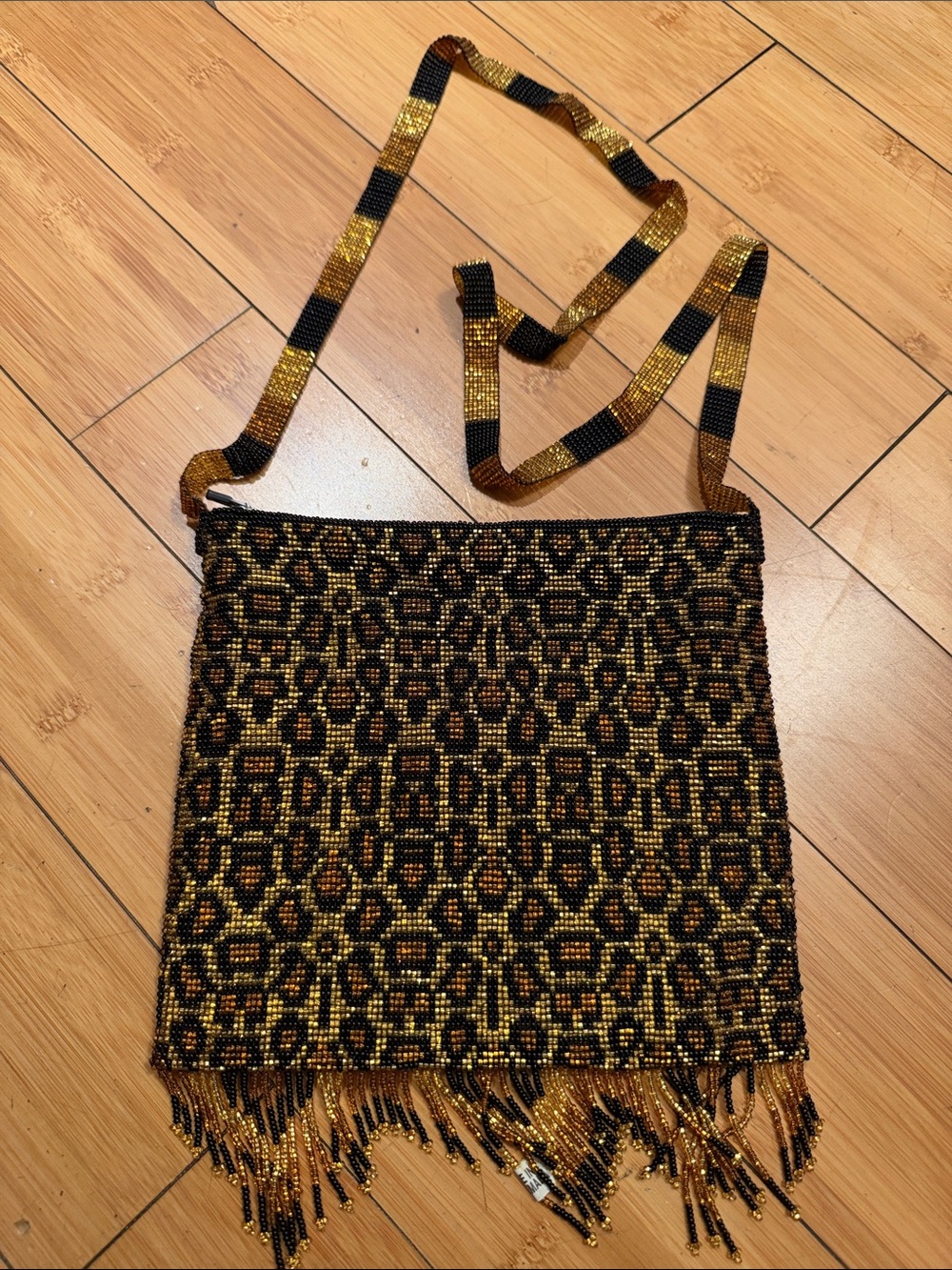 Beaded Leopard Print Crossbody Bag in Gold and Black